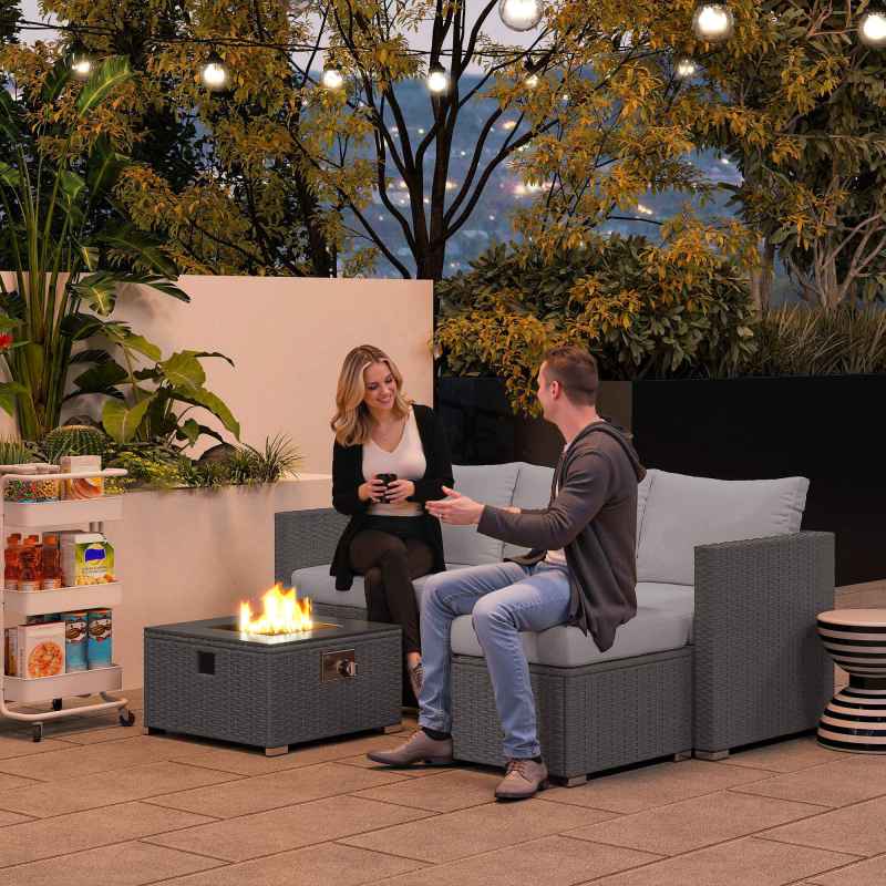 Outsunny 5 Piece Rattan Garden Furniture Set with Gas Fire Pit Table, 4 Seater Outdoor Sectional Sofa Set with Footstool and Removable Cushions, Modular Combination, Grey