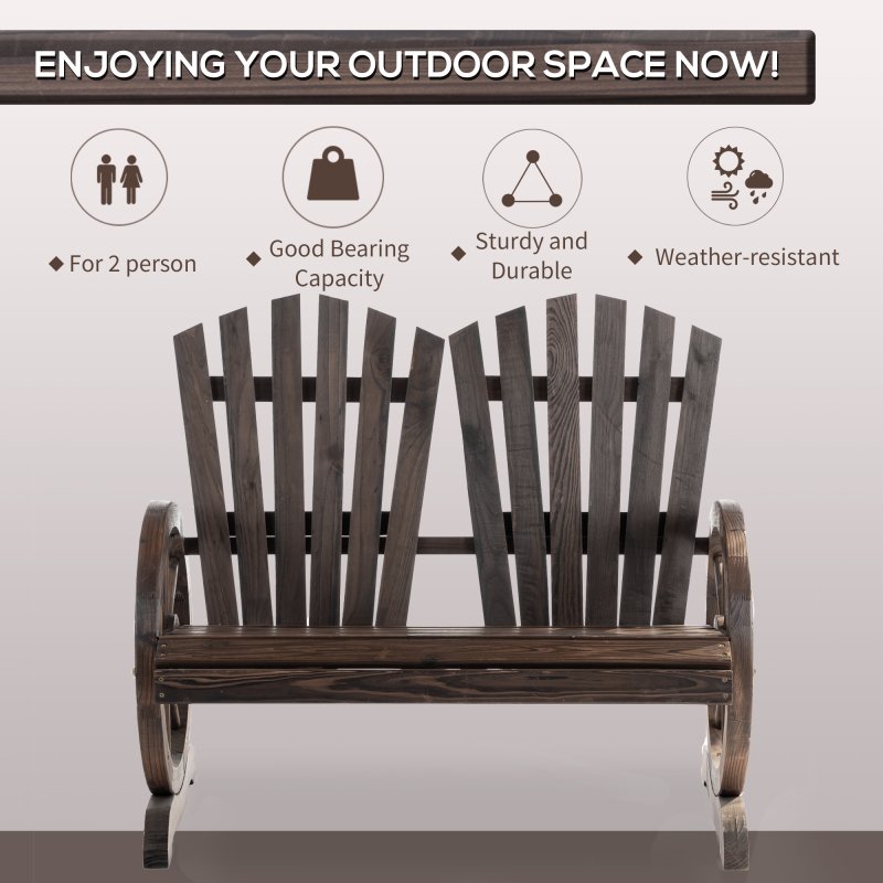 Outsunny 2 Seater Garden Bench, Comfortable Fir Wood Love Chair with Wagon Wheel-Shaped Armrests, Outdoor Adirondack Wooden Loveseats, Carbonized Colour