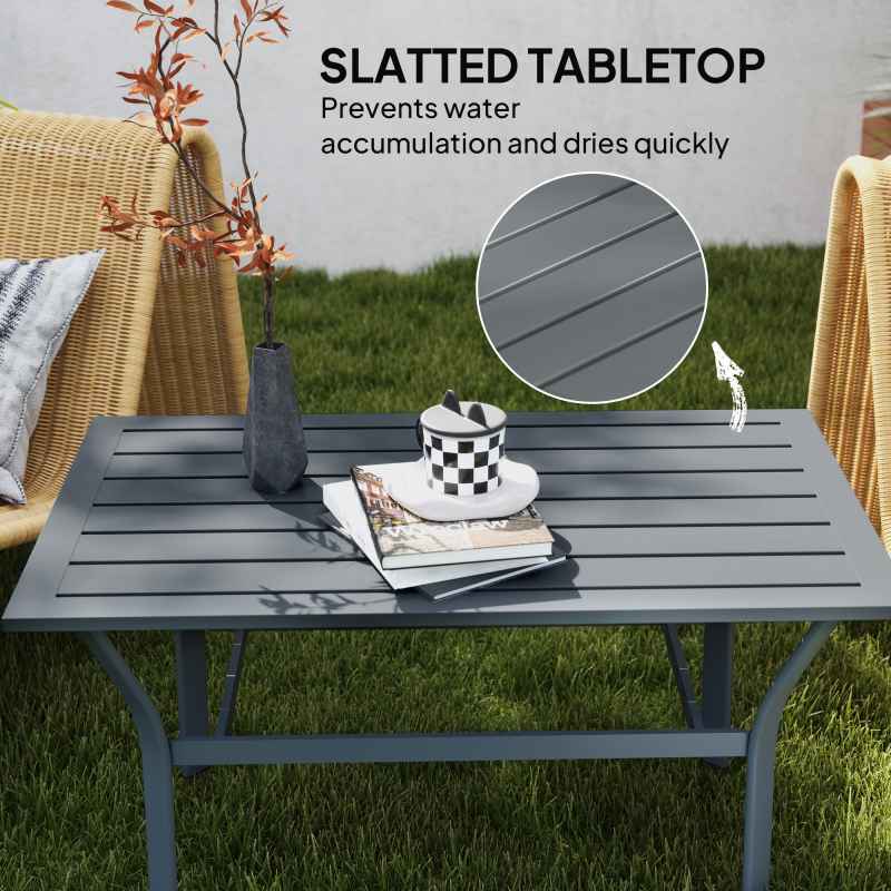 Outsunny Metal Garden Coffee Table, Rectangular Outdoor Side Table with Slatted Tabletop, Foot Pads for Outside, Garden, Balcony, Porch, 91.5 x 55 x 45cm, Dark Grey