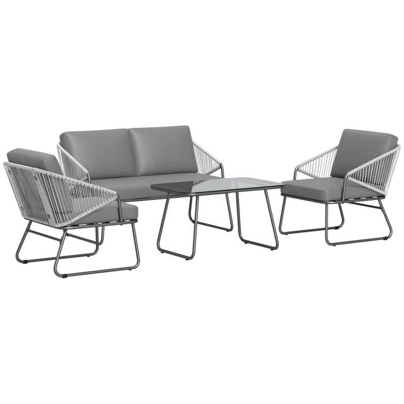 Outsunny 4 Piece Rattan Garden Furniture Set, Wicker Patio Outdoor Furniture Set with Loveseat, Armchairs, Glass Top Coffee Table and Cushions for Patio, Conservatory, Balcony, Grey