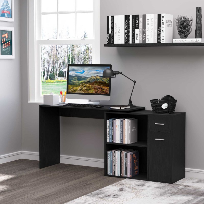 HOMCOM L-Shaped Desk, Corner Computer Desk, Adjustable Study Table with Storage Shelf, Drawer and Cabinet, Workstation for Home Offic