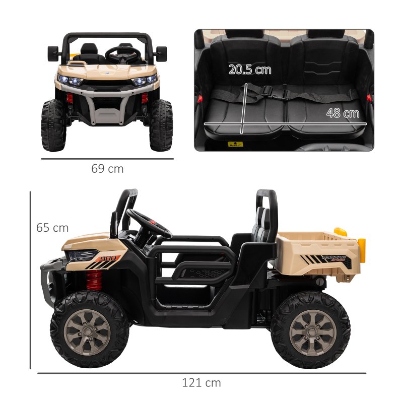 HOMCOM 2 Seater Kids Ride On Car with Electric Bucket, 12V Battery Powered Electric UTV with Shovel, Parental Remote, 4 Spring Suspension Wheels, Working Horn, Music - Yellow