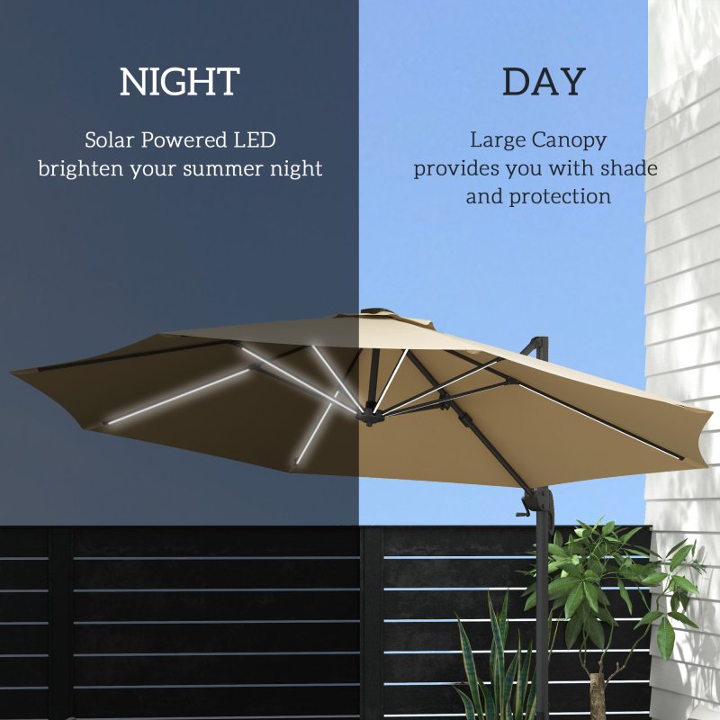 Outsunny 3(m) Cantilever Roma Parasol Adjustable Garden Sun Umbrella with LED Solar Light, Aluminium Frame, Tilt & Crank, UV50+, Cross Base Rotating Outdoor- Khaki