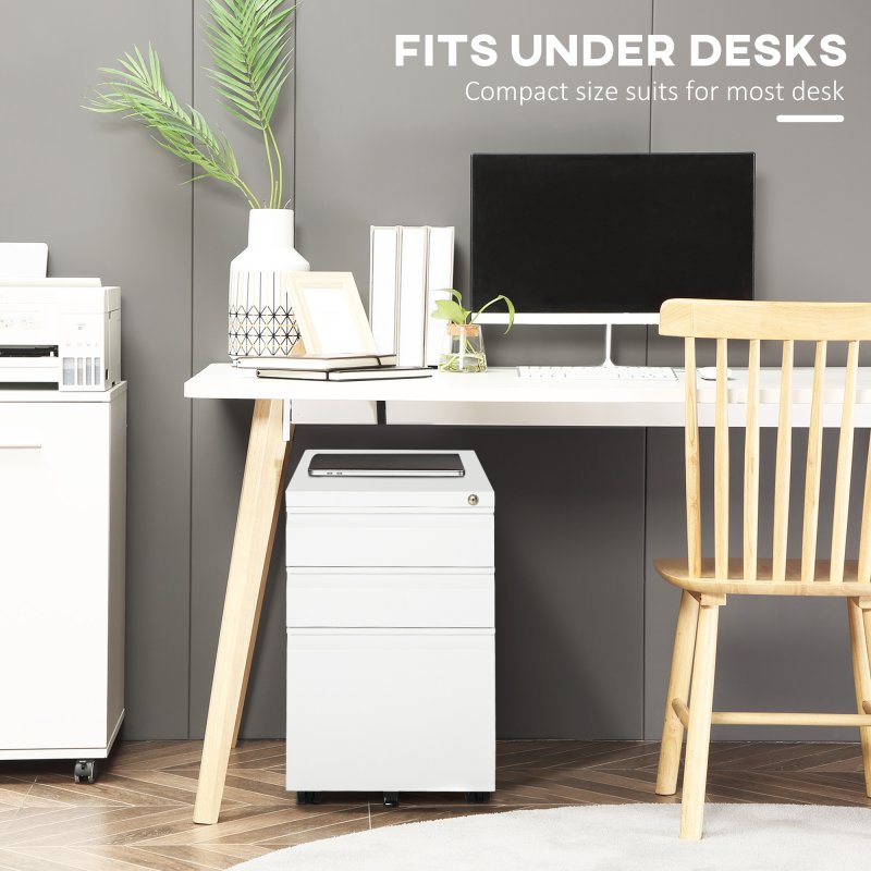 Vinsetto 3-Drawer Filing Cabinet with Lock, Mobile Steel File Cabinet for A4, Legal and Letter Size, Under Desk Drawers with Pre-Assembled Body for Home Office, 39 x 48 x 60 cm, White