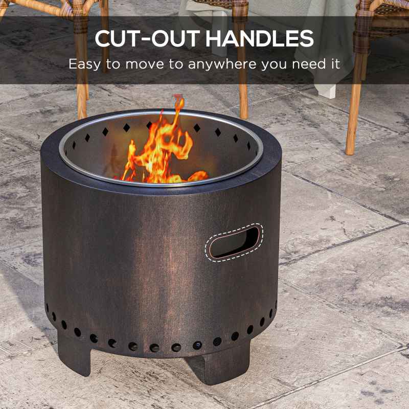 Outsunny Smokeless Fire Pit, 45cm Portable Wood Burning Firepit with Poker, Stainless Steel Liner for Garden Camping Bonfire Party, Metal, Black