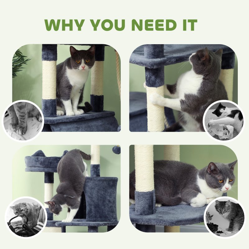 PawHut Cat Tree, 206cm Cat Tower with Sisal Scratching Posts and Board, Beds, Condos, Platforms, Hammocks, Toy Balls & Rope, Anti-Tip Kit, Kitten Activity Centre for Indoor, Dark Grey
