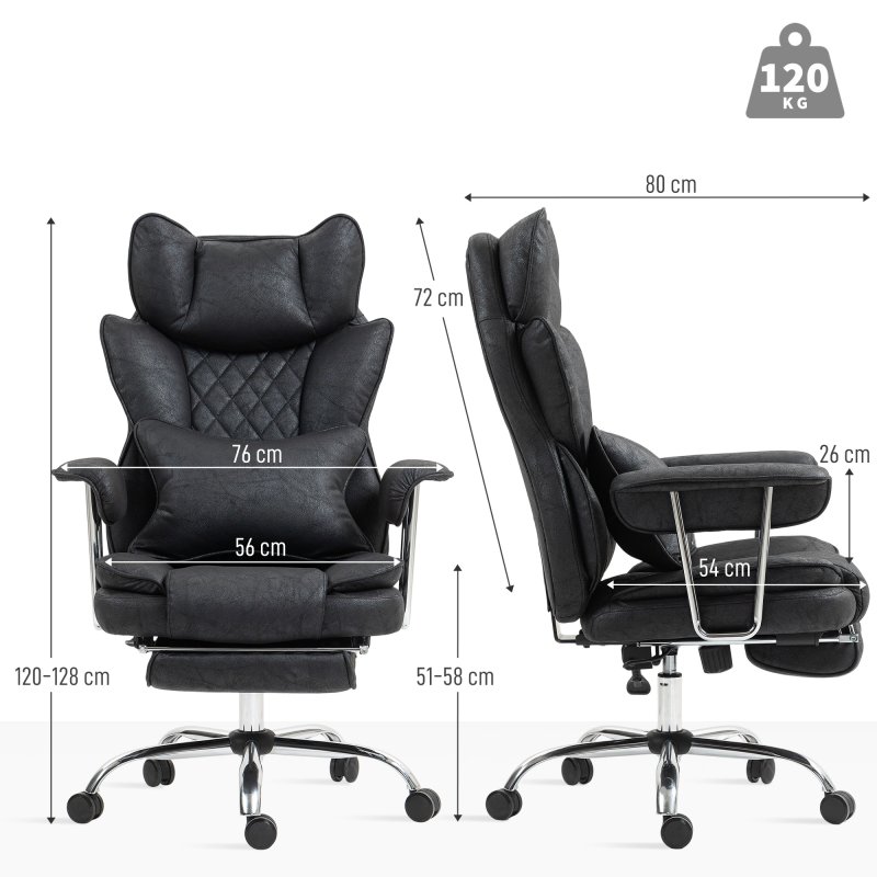 HOMCOM Executive Office Chair, Leathaire Reclining Computer Desk Chair with Lumbar Support Pillow, High Back, Footrest, Silent Swivel Wheels, Armrest, Height Adjustable for Home, Black
