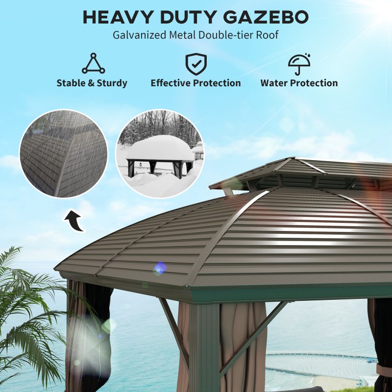 Outsunny 3.65 x 3(m) Hardtop Steel Gazebo Canopy for Patio Heavy Duty Outdoor Pavilion with Aluminium Alloy Frame, Double Roof, Net Sidewalls and Curtains, Coffee