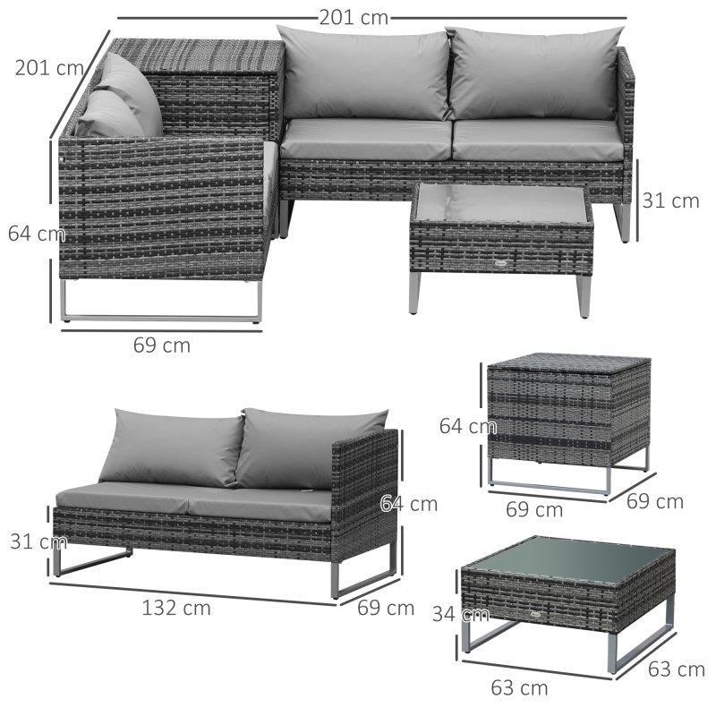 Outsunny 4 Seater Rattan Corner Sofa Set, Wicker Rattan Garden Furniture Set with Loveseats, Tables, Cushions for Outdoor, Patio, Grey