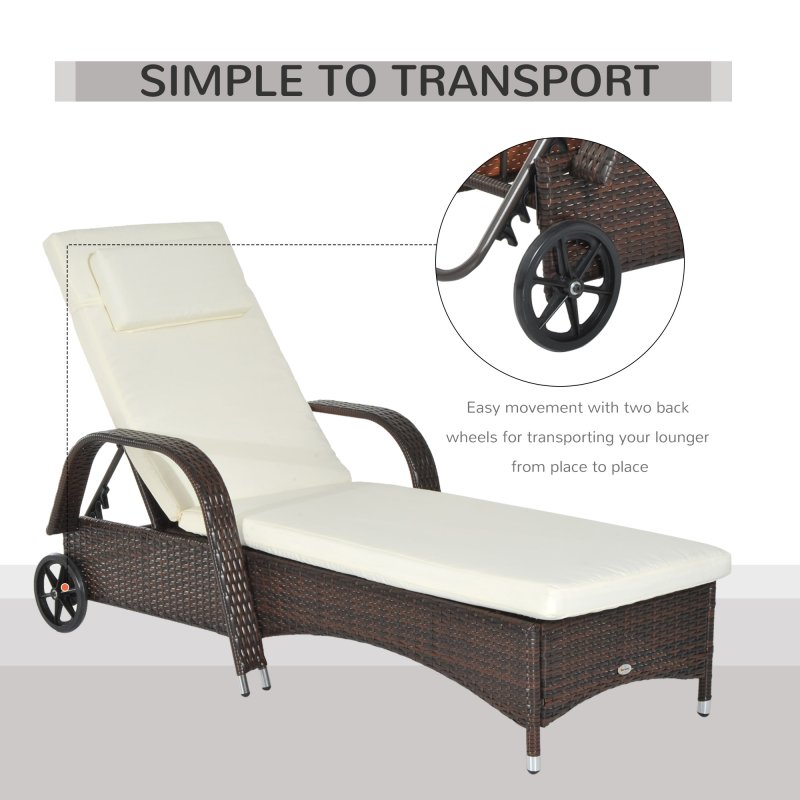 Outsunny Rattan Sun Lounger, Garden Lounger Recliner with Wheels and Adjustable Backrest, Outdoor Reclining Sunbed Garden Chair with Cushion and Headrest for Patio, Beach, Terrace, Brown