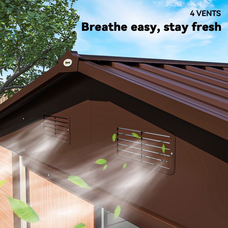 Outsunny 9 x 6ft Metal Garden Shed, House Hut Gardening Tool Storage with Ventilations, Sliding Door, Sloped Roof for Garden, Patio, Brown Wood Effect