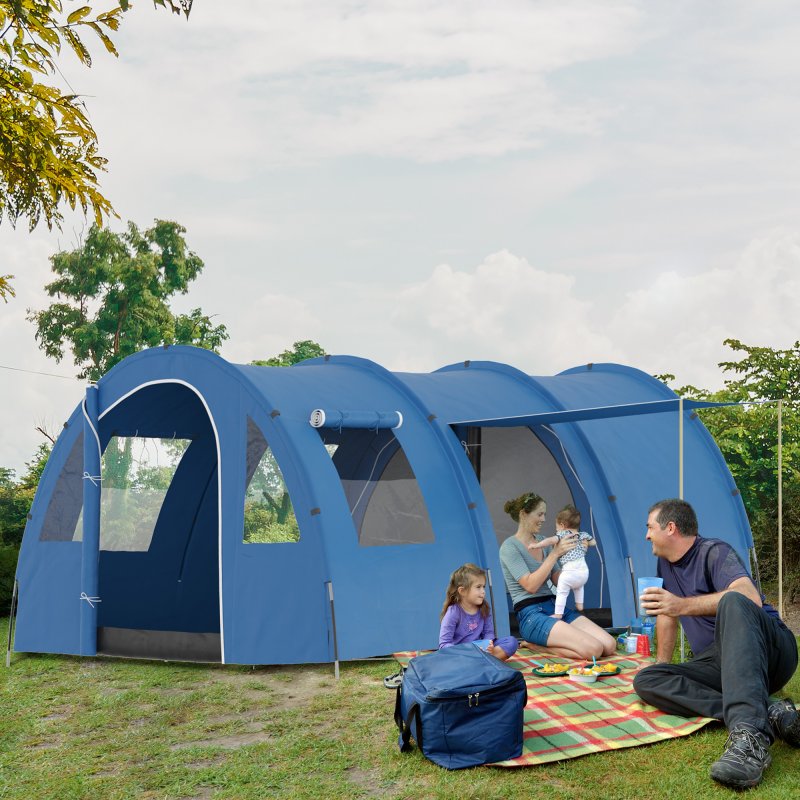 Outsunny 5-6 Man Tunnel Tent, Two Room Camping Tent with Floor, 2 Doors and Carry Bag, 2000mm Water Column for Fishing, Hiking, Sports, Festival, Blue