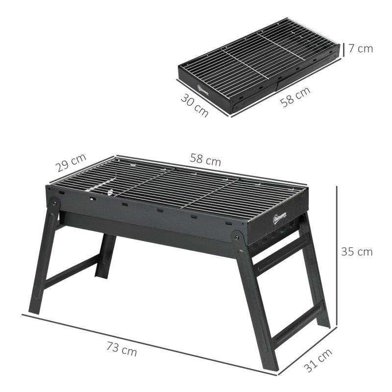 Outsunny Portable Charcoal Grill with Pull-Out Charcoal Basin, Folding Tabletop Barbecue, Compact Camping BBQ, Galvanised Metal, 73 x 31 x 38 cm, Black