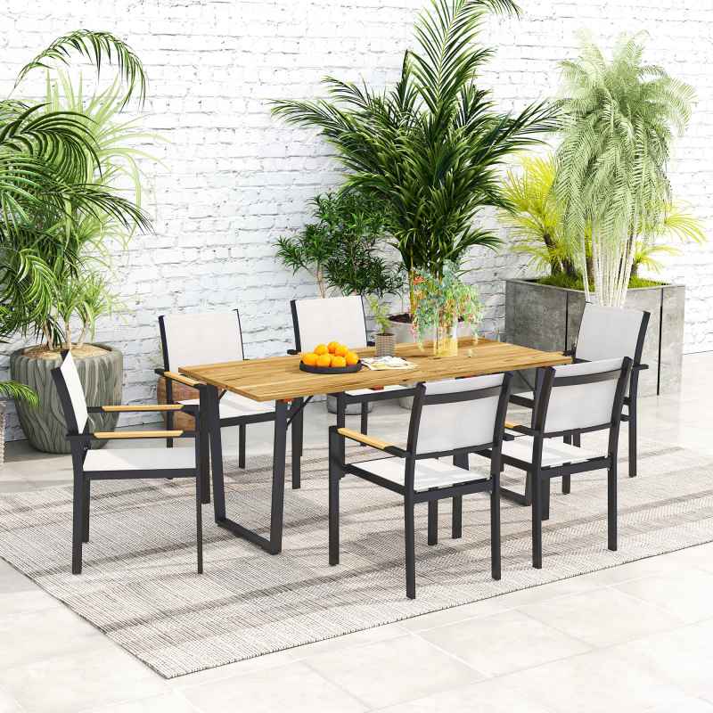 Outsunny Garden Table with Parasol Hole, 175 x 80 cm Rectangle Outdoor Dining Table for 6 with 5 cm Parasol Hole and Wood Slatted Top for Balcony, Terrace, Brown