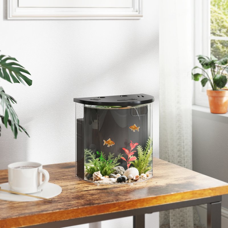 PawHut Fish Tank, 3L Nano Aquarium Starter Kit with Filter System, LED Light, Small Fish Tank for Betta, Goldfish, Shrimp, Black