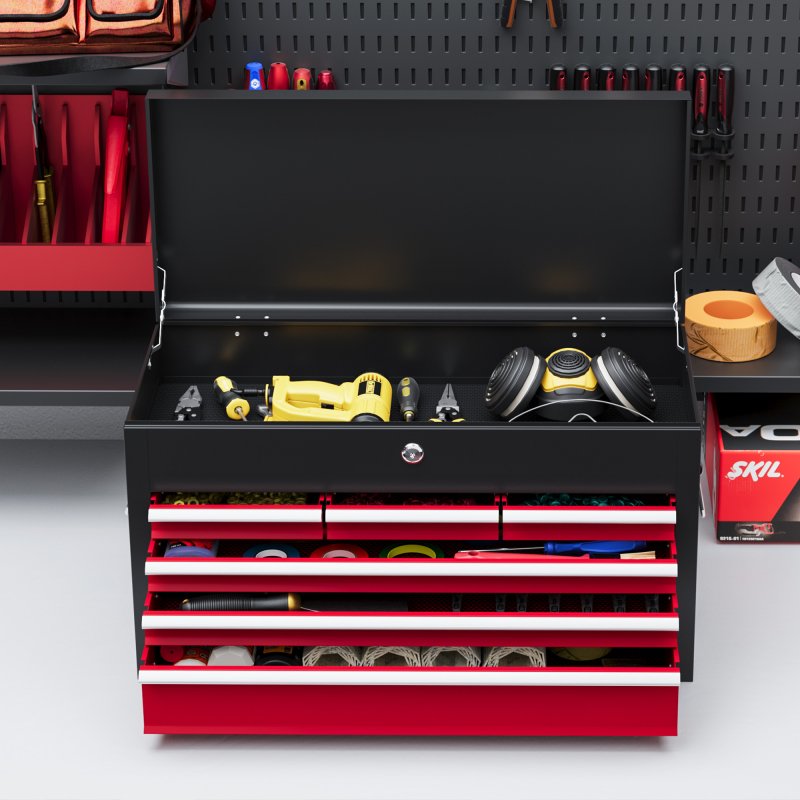 HOMCOM 6 Drawer Tool Chest, Lockable Metal Tool Box with Top Case, Ball Bearing Runners, Portable Toolbox, 600mm x 260mm x 340mm, Red