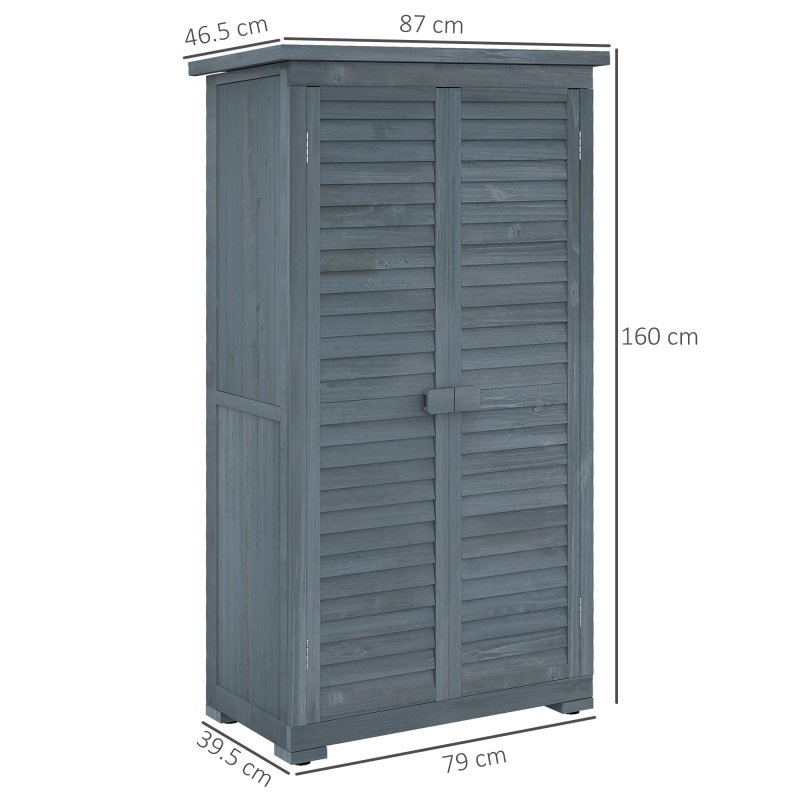 Outsunny Small Shed, Wooden Garden Storage Shed, 3 Shelves Outdoor Tool Shed Cabinet with Asphalt Roof and Shutter Doors, 87cm x 47cm x 160cm, Grey