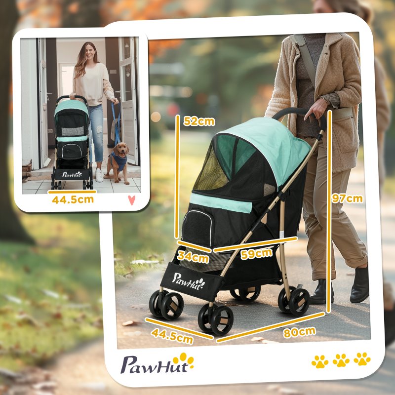 PawHut Dog Stroller with Rain Cover, Foldable Dog Pram, 4 Wheels Pet Pushchair with Safety Leashes, for Small, Miniature Dogs, Cats - Green