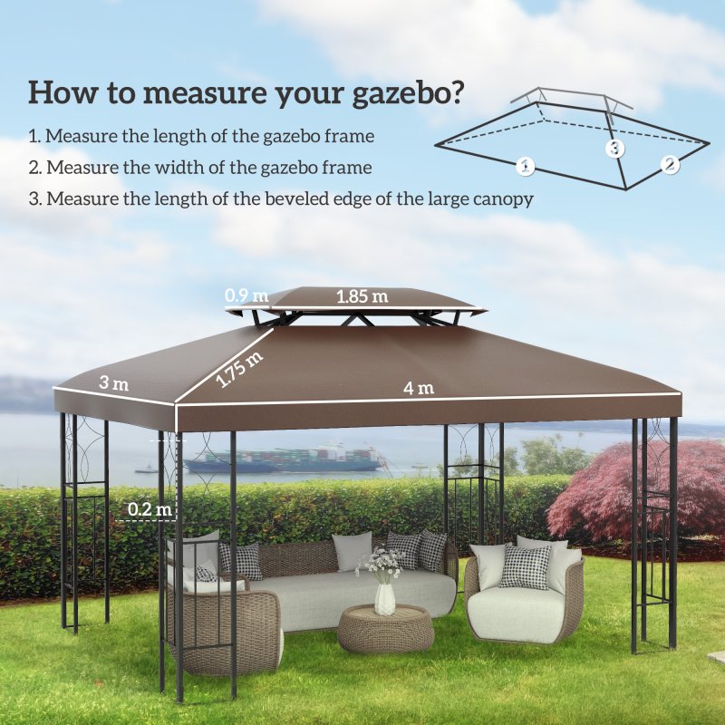 Outsunny 3x4m Gazebo Replacement Roof Canopy 2 Tier Top UV Cover Garden Patio Outdoor Sun Awning Shelters, Brown  (TOP COVER ONLY)