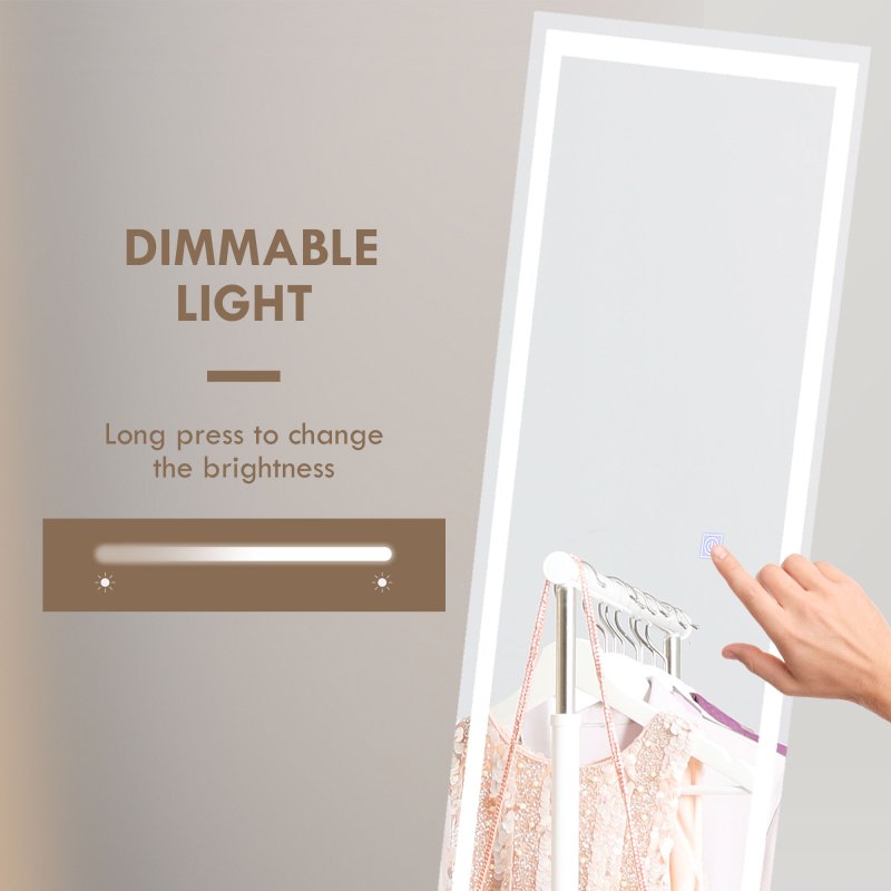 HOMCOM Full Length Mirror with LED Lights, 150x40cm Floor Mirror, Free Standing, Wall Mounted or Leaning, Full Size Body Mirror with Dimmable and 3 Colour Lighting for Bedroom, 32W, White