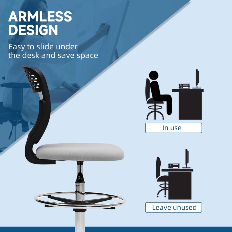 Vinsetto Drafting Chair, Swivel Office Draughtsman Chair, Mesh Standing Desk Chair with Adjustable Foot Ring, Armless, Light Grey