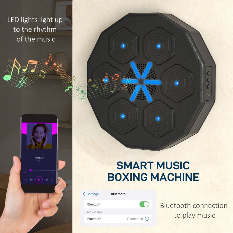 SPORTNOW Music Boxing Machine with Bluetooth Connection, LED Light Smart Music Boxing Machine Wall Mounted for Punching Beat Boxing Training Stress Relief
