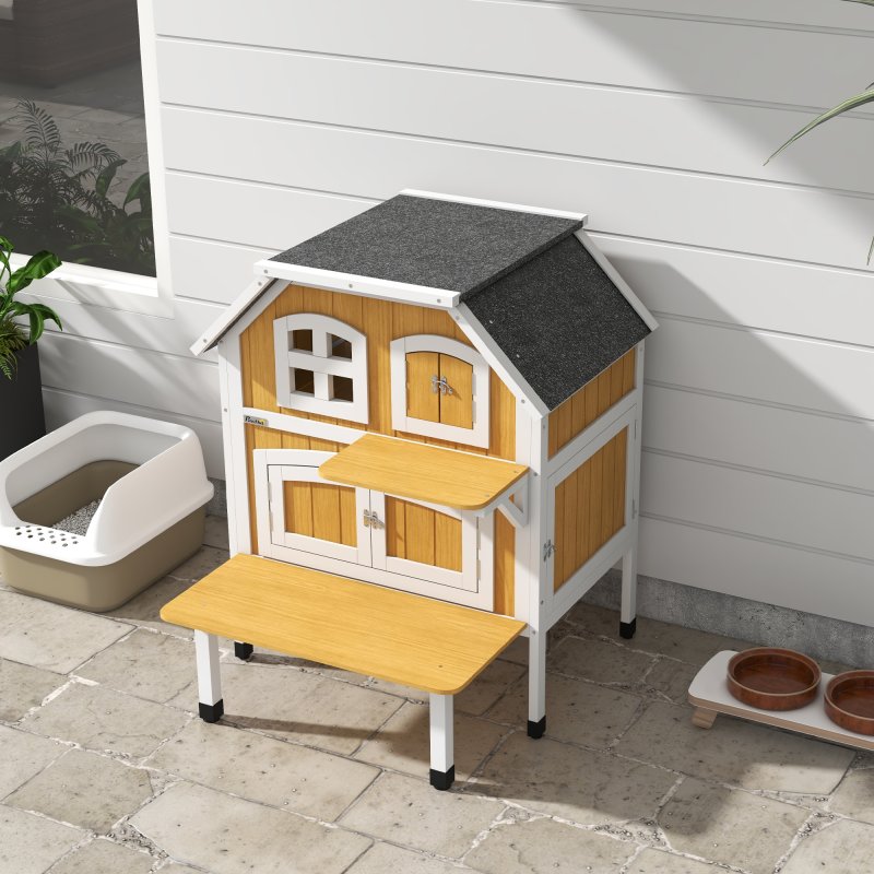 PawHut Wooden Outdoor Cat House, 2 Tiers Cat Shelter with Openable Asphalt Roof, Removable Panel, Escape Doors, Jumping Platform, Terrace, for 1-2 Cats - Yellow