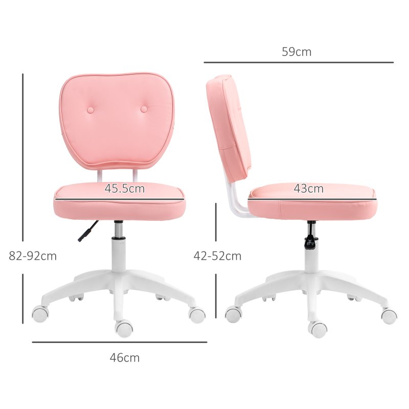 Vinsetto Cute Armless Office Chair, Small PU Leather Computer Desk Chair with Adjustable Height, Swivel Wheels, Mid Back, Pink