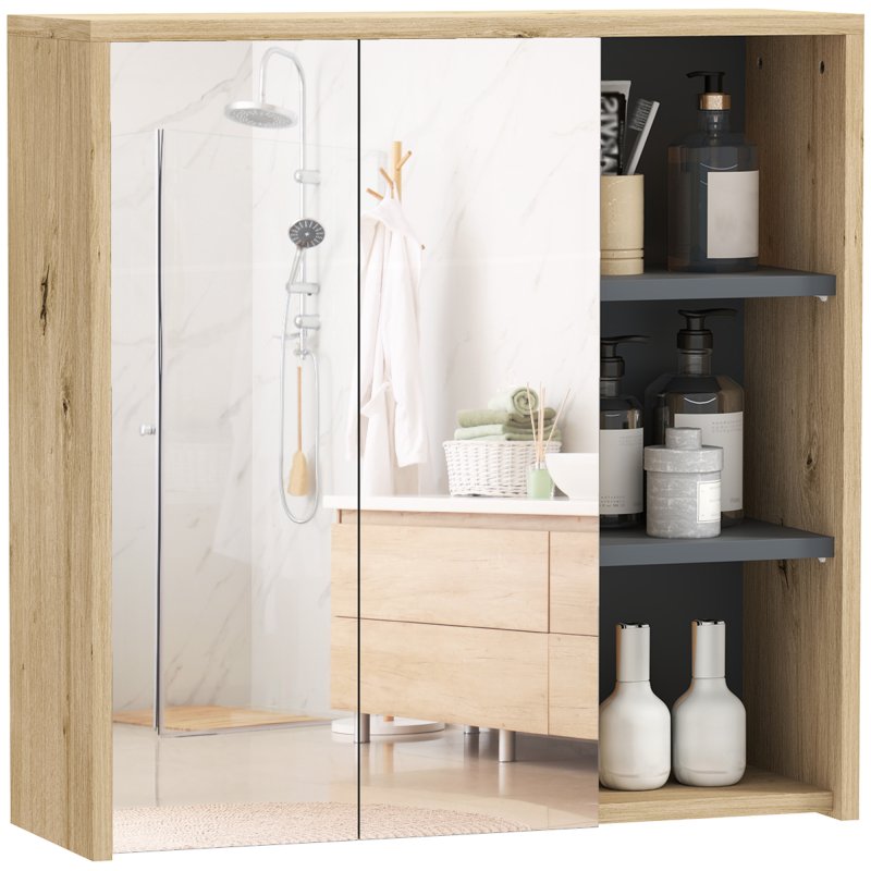 HOMCOM Bathroom Mirror Cabinet, Wall Mounted Bathroom Cabinet with Mirror, 2 Doors and Cupboards, Natural