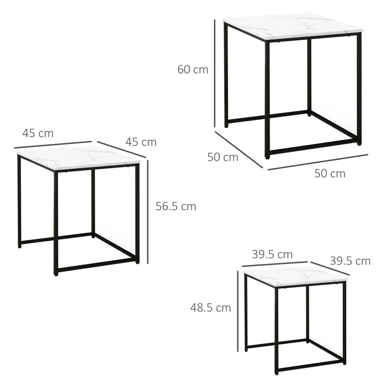 HOMCOM Nesting Tables Set of 3, Side End Table with Faux Marble Effect Top and Steel Legs for Living Room, Bedroom, White