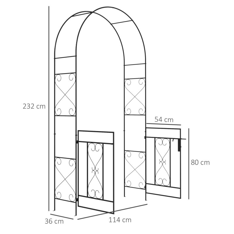 Outsunny Outdoor Garden Arch with Double Gates, Metal Garden Arbor for Climbing Plants, Roses, Vines, Wedding Arch for Outdoor, 114L x 36W x 232H cm, Black