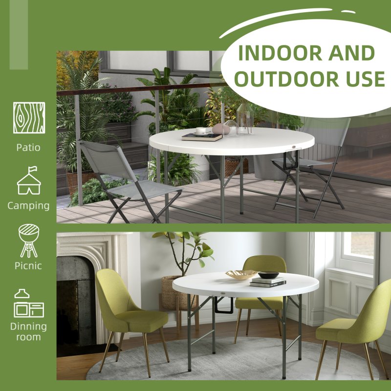 Outsunny Folding Garden Table, 122 cm Round HDPE Outdoor Picnic Table for 6, Metal Frame for Patio, Park, White