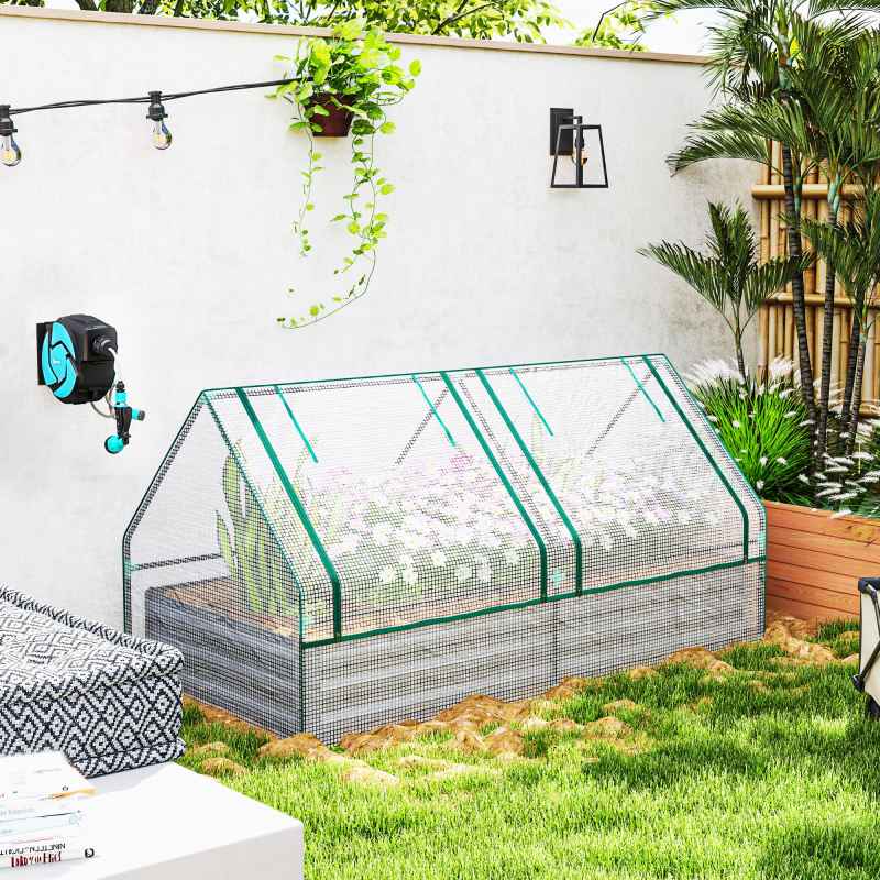 Outsunny Raised Garden Bed with Mini Greenhouse, Outdoor Metal Planter Box with Cover, for Herbs and Vegetables, Use for Patio, Garden, Balcony, White and Dark Grey