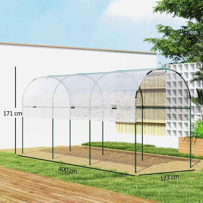Outsunny Tunnel Tomato Greenhouse with 4 Hoops and Top Tap, Pointed Bottom and Guy Ropes, 400 x 123 x 171 cm, Clear