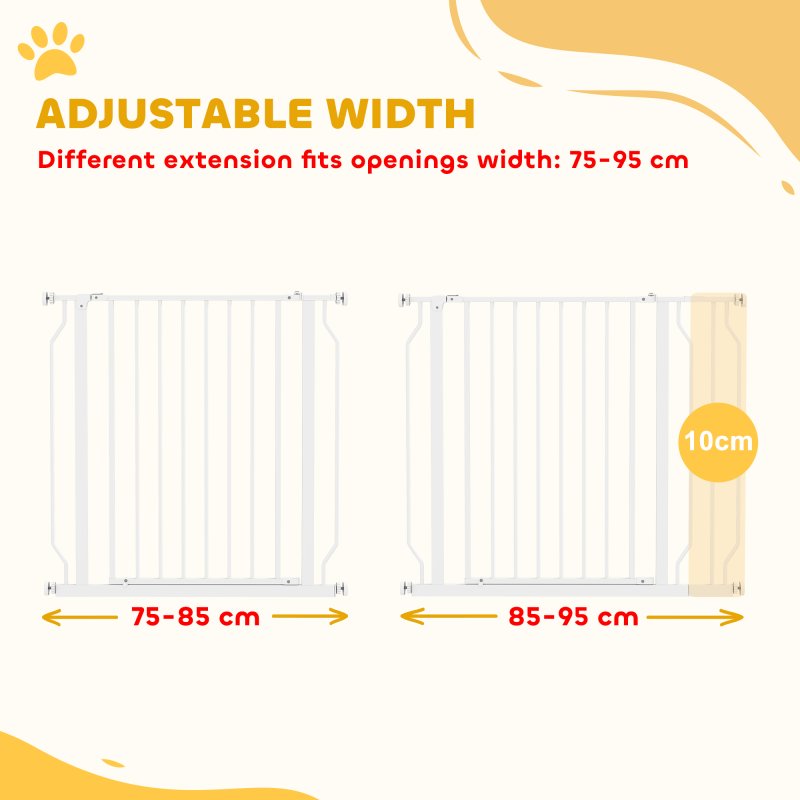 PawHut Dog Gate Wide Stair Gate w/ Door Pressure Fit Pets Barrier for Doorway, Hallway, 76H x 75-95W cm - White