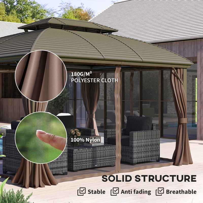 Outsunny 3.65 x 3(m) Hardtop Steel Gazebo Canopy for Patio Heavy Duty Outdoor Pavilion with Aluminium Alloy Frame, Double Roof, Net Sidewalls and Curtains, Coffee