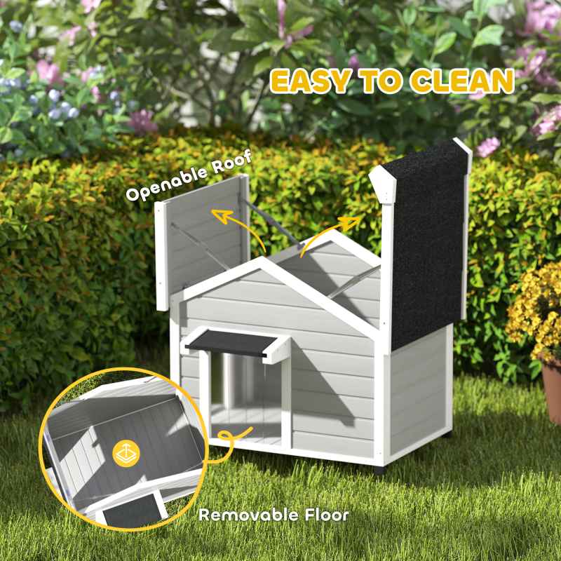 PawHut Dog House Wooden Dog Kennel Outdoor with Openable Asphalt Roof, Removable Floor, Door Curtain, Elevated Feet, for Medium Breeds, Light Grey