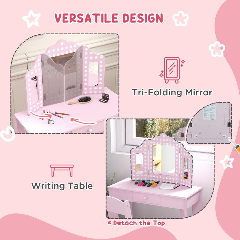 AIYAPLAY Kids Dressing Table with Tri-Fold Mirror and Stool, Kids Vanity Table, Girls Make up Desk with Drawer, for Aged 3-8 Years Old - Pink