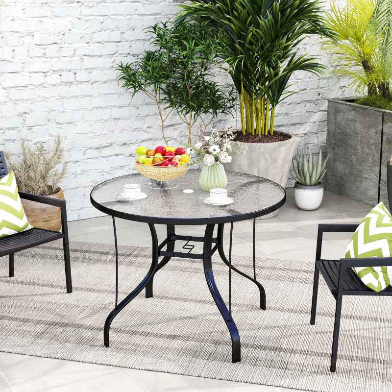 Outsunny Outdoor Dining Table with Parasol Hole, Tempered Glass Top Metal Frame Coffee Table, Round, 96.5 x 96.5 x 71 cm