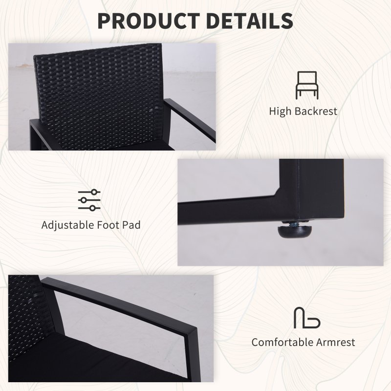 Outsunny 3 Pieces Rattan Bistro Set, Wicker Garden Furniture Set with Glass Top Coffee Table and Chairs, Washable Cushions, for Outdoor, Patio, Balcony, Black