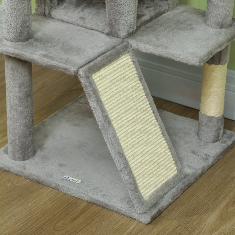 PawHut Cat Tree, 138cm Cat Tower with Sisal Scratching Posts and Pad, Bed, Condos, Platforms, Toy Balls, Anti-Tip Kit, Kitten Activity Centre for Indoor, Light Grey