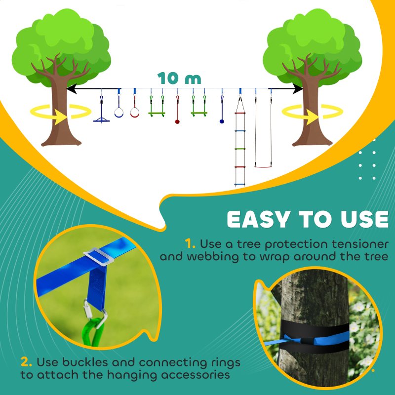 AIYAPLAY Zip Line Kit for Kids, 10-Piece Outdoor Obstacle Course for Kids, 10m Kids Slackline Kit with Monkey Bars, Swing, Climbing Ladder, Hanging Tray, Metal Rings, Gripping Balls, Multicoloured