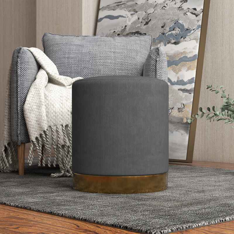 HOMCOM Modern Round Footstool, Corduroy Fabric Upholstered Foot Stool with Padded Seat for Living Room, Entryway