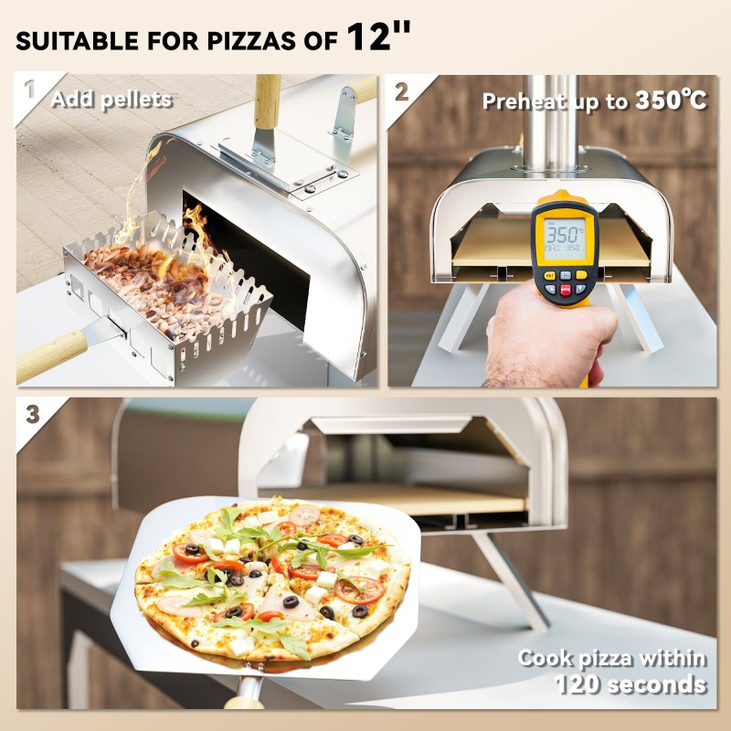 Outsunny Outdoor Pizza Oven, Portable Wood Pellet Pizza Oven with Pizza Stone and Peel, Foldable Legs, Chimney, 12 Inch Wood Fired Pizza Maker for Outdoor Cooking, Stainless Steel