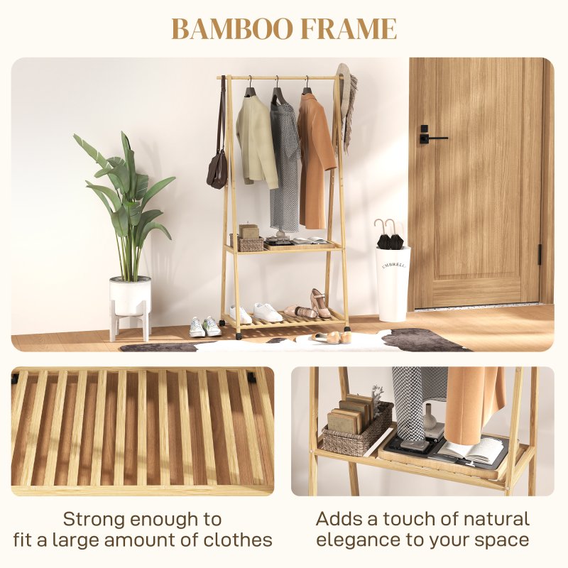 HOMCOM Bamboo Clothes Rail Rack with 2 Storage Shelves and 2 Hooks, Freestanding Open Wardrobe Coat Stand with Wheels for Entryway, Bedroom, Natural Wood Effect
