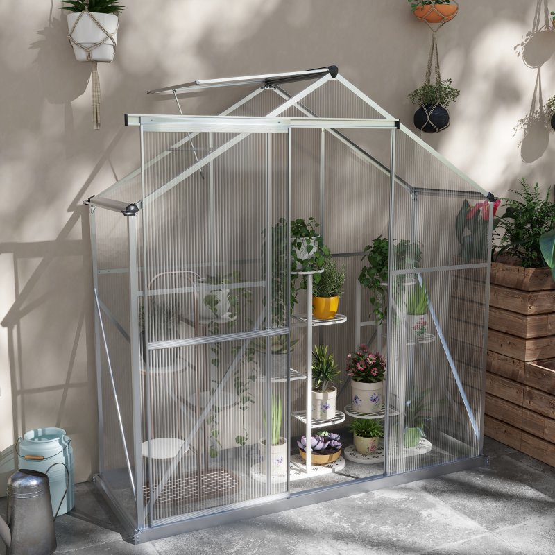 Outsunny 6 x 2.5ft Polycarbonate Greenhouse, Walk-In Green House with Sliding Door, 5-Level Roof Vent, Rain Gutter, Garden Plants Grow House with Aluminium Frame and Foundation, Silver