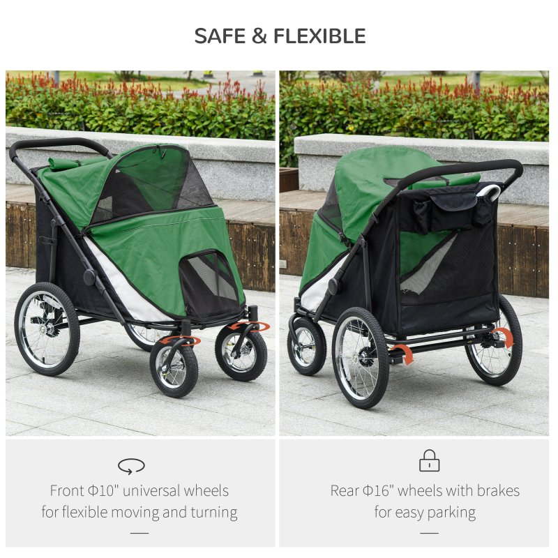 PawHut Large Dog Stroller Dog Pram Foldable Pet Pushchair with Safety Leashes for Medium, Large Dogs - Green