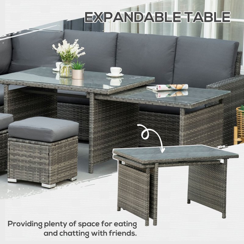 Outsunny 10 Seater Rattan Dining Set with Expandable Table and Nesting Chairs, Rattan Garden Furniture Set with Cushions, Outdoor Dining Table and Chairs, Sectional Corner Sofa Set, Grey