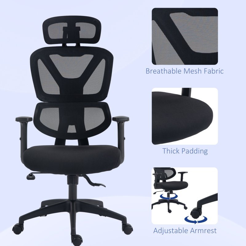 Vinsetto Ergonomic Office Chair, Mesh Swivel Desk Chair with Lumbar Support, Padded Seat, Adjustable Height and Headrest for Home Office, Black