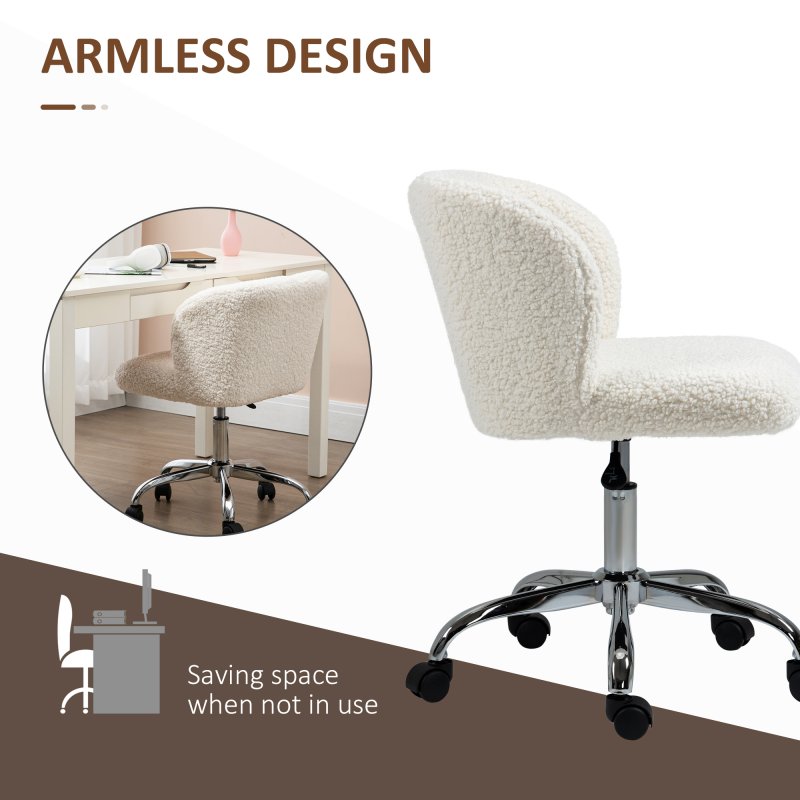 HOMCOM Office Chair, Cosy Teddy Fleece Upholstery Desk Chair with Backrest and Wheels for Home Office, White
